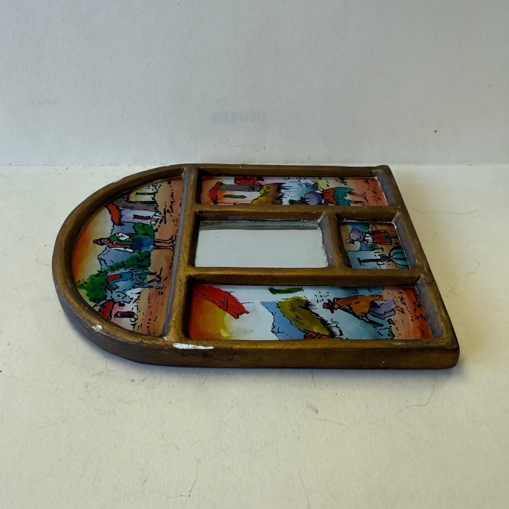 Vintage Peru Folk Art Painted Mirror Wood Frame Wall Hanging Handcrafted Decor